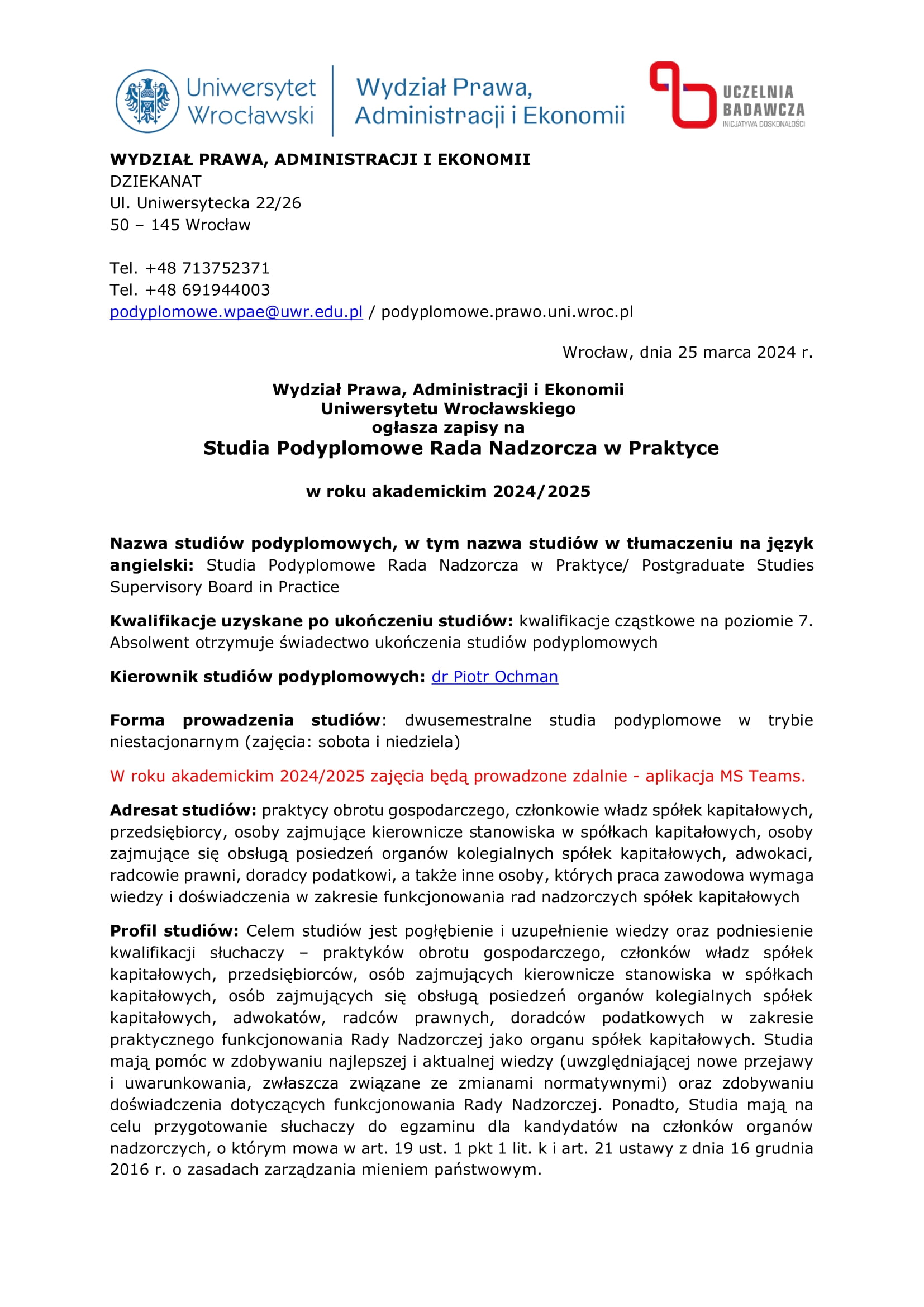 Studia Podyplomowe Rada Nadzorcza w Praktyce – 10% rabatu dla aplikantów radcowskich i radców prawnych OIRP Wrocław