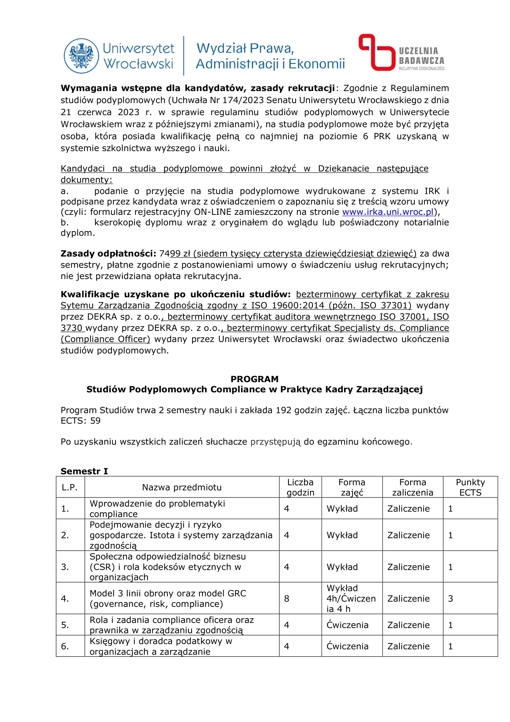 Studia Podyplomowe Compliance w Praktyce Kadry Zarządzającej – 10% rabatu dla aplikantów radcowskich i radców prawnych OIRP Wrocław