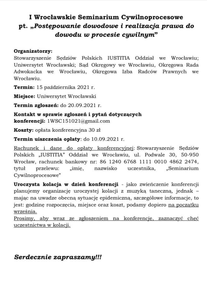 I Wrocławskie Seminarium Cywilnoprocesowe „Postępowanie dowodowe i realizacja prawa do dowodu w procesie cywilnym - 15 października 2021 r.