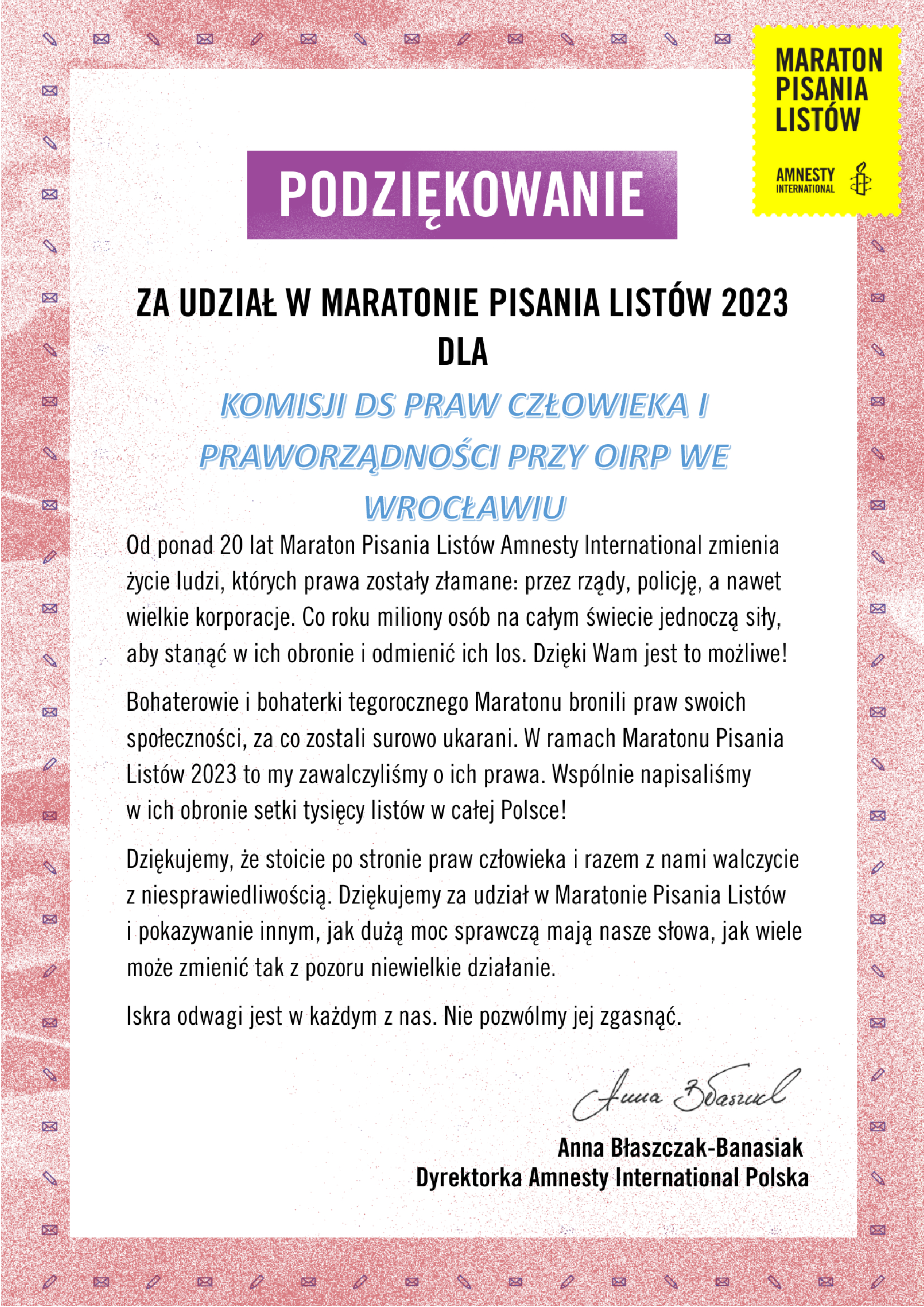 Podziękowanie za udział w Maratonie Pisania Listów 2023 r. dla Komisji ds. Praw Człowieka i Praworządności przy OIRP we Wrocławiu 