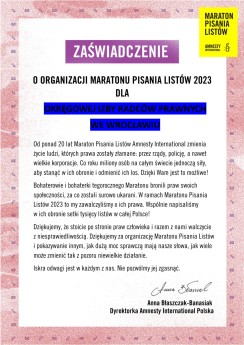 Zaświadczenie o Organizacji Maratonu Pisania Listów 2023 r. dla OIRP we Wrocławiu 
