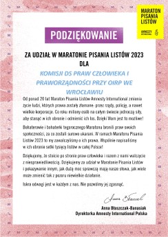 Podziękowanie za udział w Maratonie Pisania Listów 2023 r. dla Komisji ds. Praw Człowieka i Praworządności przy OIRP we Wrocławiu 